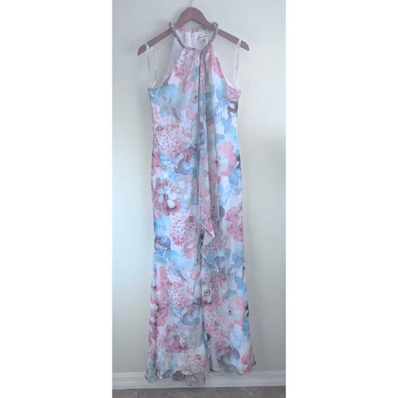 Calvin Klein Blue Floral Ruffle Halter Neckline Sleeveless Maxi Dress 4 Wedding - Picture 3 of 11